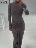 GETADME kliou Shirring Women Classic Maxi Dress Autumn New Solid Long Sleeve High Collar Body-shaping Vestidos Mujer Concise Trend Robe
