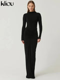 GETADME kliou Shirring Women Classic Maxi Dress Autumn New Solid Long Sleeve High Collar Body-shaping Vestidos Mujer Concise Trend Robe