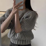 GETADME summer autumn Women's Knitted Pullover Fashion puff Sleeve solid Sweater crop Top Elegant loose Lapel Knitted Pullover gray Tops