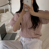 GETADME summer autumn Women's Knitted Pullover Fashion puff Sleeve solid Sweater crop Top Elegant loose Lapel Knitted Pullover gray Tops