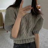 GETADME summer autumn Women's Knitted Pullover Fashion puff Sleeve solid Sweater crop Top Elegant loose Lapel Knitted Pullover gray Tops