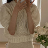 GETADME summer autumn Women's Knitted Pullover Fashion puff Sleeve solid Sweater crop Top Elegant loose Lapel Knitted Pullover gray Tops