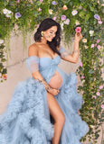 Getadme Light Sky Blue Prom Dresses Women Tiered Ruffles Evening Gown Front Split Flowy Maternity Photoshoot Dress robes soirées
