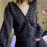 Getadme- 90s Vintage Skulls Print Black Sweatshirt Zipper Long Sleeve Autumn Hoodies Fairycore Grunge Jackets Retro Harajuku Winter Coat