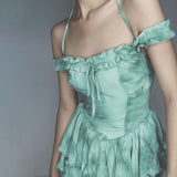 Getadme Fashion Halter Off the Shoulder Ruffles Short Dresses Y2K Streetwear Party Club Strapled Mini Dress Green A-line Dress