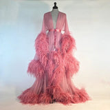 Getadme Pink Womens Robe Feather Nightgown Bathrobe Sleepwear Bridal Robe with Belt V Neck Party Gifts Bridesmaid Dress
