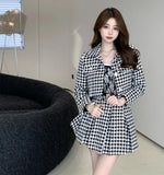 Getadme Temperament Matching Sets Retro O Tweed Plaid Jacket Short Long Sleeve Cardigan Slim Top Mini Houndstooth Pleated Skirt Chic
