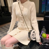 Herstory Spring Autumn Elegant O-neck Single-breasted Women Solid Sweater Dress Long Sleeve Knitted Middle-length Dress