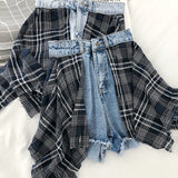 Getadme S-5XL New Korean fashion design sense color matching lattice stitching high waist fake two pieces wide leg denim skirt  shorts
