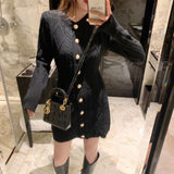 Herstory Spring Autumn Elegant O-neck Single-breasted Women Solid Sweater Dress Long Sleeve Knitted Middle-length Dress