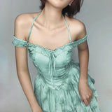 Getadme Fashion Halter Off the Shoulder Ruffles Short Dresses Y2K Streetwear Party Club Strapled Mini Dress Green A-line Dress