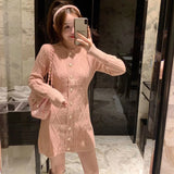 Herstory Spring Autumn Elegant O-neck Single-breasted Women Solid Sweater Dress Long Sleeve Knitted Middle-length Dress