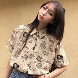 Getadme-Blouse Women Shirts Turn-down Collar Short Sleeve Printed Retro Single-breasted Loose Harajuku Students Streetwear BF Casual New