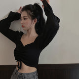 Women's Fashion Off Shoulder Shirt Sexy Sweet Pleated Soild Navel Exposed Chiffon Long Sleeves Blouses