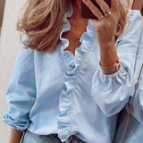 Getadme Elegant White Ruffle Blouse Shirts Women Autumn Spring Long Sleeve V-Neck Pullover Tops Office Lady Casual Plain Plus Size blusa