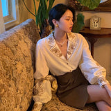 Getadme Shirts Women Lantern Sleeve Notched Print Temperament Casual Korean Style French Retro Elegant Hot Sale All-match Ladies Blouses
