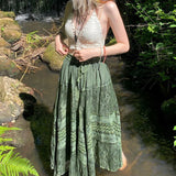 Getadme- 90s Vintage Boho Midi Skirts Fairycore Grunge Kawaii Bow High Waist Long Pleated Skirt Chic Women Retro Holiday Beach Streetwear