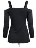 Gothic Women Casual T Shirts Cold Shoulder Lace-Up Front Ribbed T-Shirt Solid Color Long Sleeve Female Fashion Tops Tee