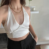 Sexy Halter Lace-up Camis White Satin Sleeveless V-neck Cropped Tops Y2K Summer Clothing E-girl Backless Top Women Streetwear