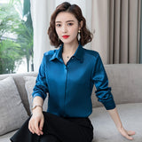 Getadme Elegant Office Ladies Work Shirt Women Blouse Long Sleeve Lapel Hidden Buttons Bright Basic Satin Silk Women Shirt Female Tops