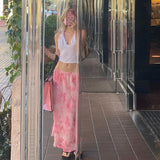 Getadme-y2k Bohemian Pink Floral Mid-Claf Skirts Kawaii Low Waisted Frill Straight Skirts Chic Women Fairy Grunge Holiday Streetwear