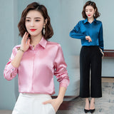 Getadme Elegant Office Ladies Work Shirt Women Blouse Long Sleeve Lapel Hidden Buttons Bright Basic Satin Silk Women Shirt Female Tops