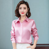 Getadme Elegant Office Ladies Work Shirt Women Blouse Long Sleeve Lapel Hidden Buttons Bright Basic Satin Silk Women Shirt Female Tops
