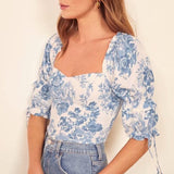T-Shirt Sexy Elastic Waist Crop Top For Women Summer New Elegant Lantern Sleeve Square Neck Lace Up Trim Floral Print Shirt Tops