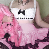 Getadme-Y2K Harajuku Black Lace Trim Pink Pleated Skirt Women Preppy Style Kawaii High Waisted Double Layer Short Skirts Ladies Clothes