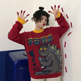 Harajuku Fashion Knitted Women  Oversized Cosmic Monster Embroidery   Coat Casual Loose Outwear Pullover Sweater
