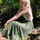Getadme- 90s Vintage Boho Midi Skirts Fairycore Grunge Kawaii Bow High Waist Long Pleated Skirt Chic Women Retro Holiday Beach Streetwear