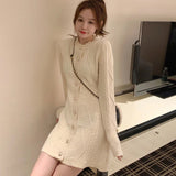 Herstory Spring Autumn Elegant O-neck Single-breasted Women Solid Sweater Dress Long Sleeve Knitted Middle-length Dress
