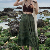 Getadme- 90s Vintage Boho Midi Skirts Fairycore Grunge Kawaii Bow High Waist Long Pleated Skirt Chic Women Retro Holiday Beach Streetwear