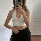 Sexy Halter Lace-up Camis White Satin Sleeveless V-neck Cropped Tops Y2K Summer Clothing E-girl Backless Top Women Streetwear