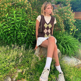 Women Y2K Argyle Knitted Sweaters Vest Sleeveless Preppy Style Block Pullover Autumn Winter E-girl Oversized Vintage Clothes