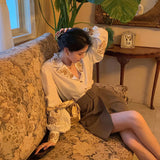 Getadme Shirts Women Lantern Sleeve Notched Print Temperament Casual Korean Style French Retro Elegant Hot Sale All-match Ladies Blouses