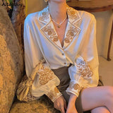 Getadme Shirts Women Lantern Sleeve Notched Print Temperament Casual Korean Style French Retro Elegant Hot Sale All-match Ladies Blouses