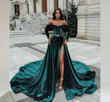 Getadme Eightree Royal Green Long Off  Shoulder Caftan Evening Dresses Detachable Train Velvet Side Long Sleeve Slit Evening Party Gowns