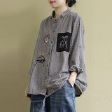 Women Casual Shirt New  Korean Style Vintage Plaid Cartoon Embroidery Oversized Female Woman Blouses Shirts P1278