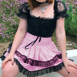 Getadme-Y2K Harajuku Black Lace Trim Pink Pleated Skirt Women Preppy Style Kawaii High Waisted Double Layer Short Skirts Ladies Clothes