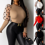Chemisiers/chemises à manches longues, col roulé, manches lanternes, pois, en maille, coupe slim, style décontracté et sexy pour femmes. Hauts/chemises cintrés, coupe ajustée, style slim.