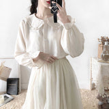 Getadme Japanese Cute Harajuku White Shirt Ruffle Tops Blouse Long Sleeve Sweet Lolita Basic Button Up Shirts 100% Cotton