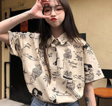 Getadme-Blouse Women Shirts Turn-down Collar Short Sleeve Printed Retro Single-breasted Loose Harajuku Students Streetwear BF Casual New