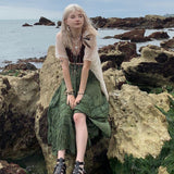 Getadme- 90s Vintage Boho Midi Skirts Fairycore Grunge Kawaii Bow High Waist Long Pleated Skirt Chic Women Retro Holiday Beach Streetwear