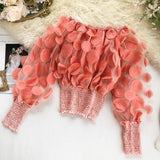 Sexy Off Shoulder womens tops and blouses 2020 Mesh Sheer Puff Sleeve Tops Summer 3D Flower Vintage White Women Shirt Blouse