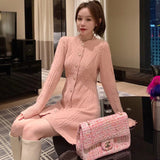 Herstory Spring Autumn Elegant O-neck Single-breasted Women Solid Sweater Dress Long Sleeve Knitted Middle-length Dress
