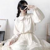 Getadme Japanese Cute Harajuku White Shirt Ruffle Tops Blouse Long Sleeve Sweet Lolita Basic Button Up Shirts 100% Cotton