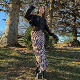 Jupe midi imprimée vagues marron Getadme - Style vintage années 90, taille haute, longueur cheville, esthétique streetwear Y2K, coupe moulante coréenne