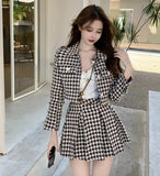 Getadme Temperament Matching Sets Retro O Tweed Plaid Jacket Short Long Sleeve Cardigan Slim Top Mini Houndstooth Pleated Skirt Chic