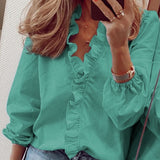 Getadme Elegant White Ruffle Blouse Shirts Women Autumn Spring Long Sleeve V-Neck Pullover Tops Office Lady Casual Plain Plus Size blusa